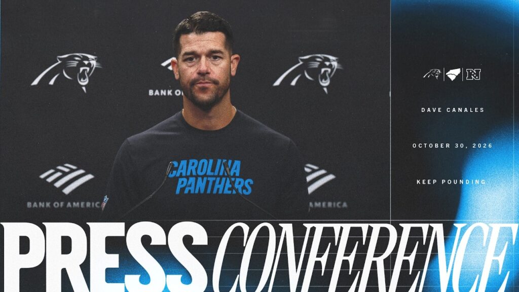 Carolina Panthers head coach Dave Canales at his press conference on the defensive coaching changes, October 30, 2026
