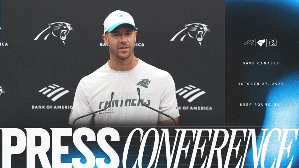 Carolina Panthers head coach Dave Canales speaking at a press conference, October 27, 2026