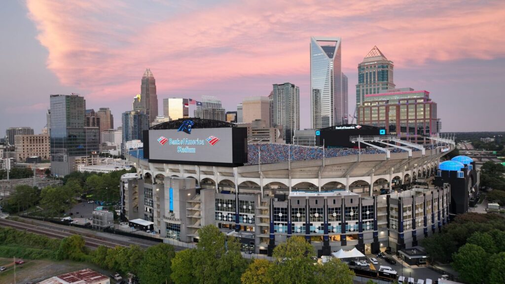 Bank of America Stadium in Charlotte at sunset