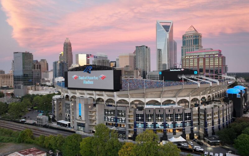 Bank of America Stadium in Charlotte at sunset