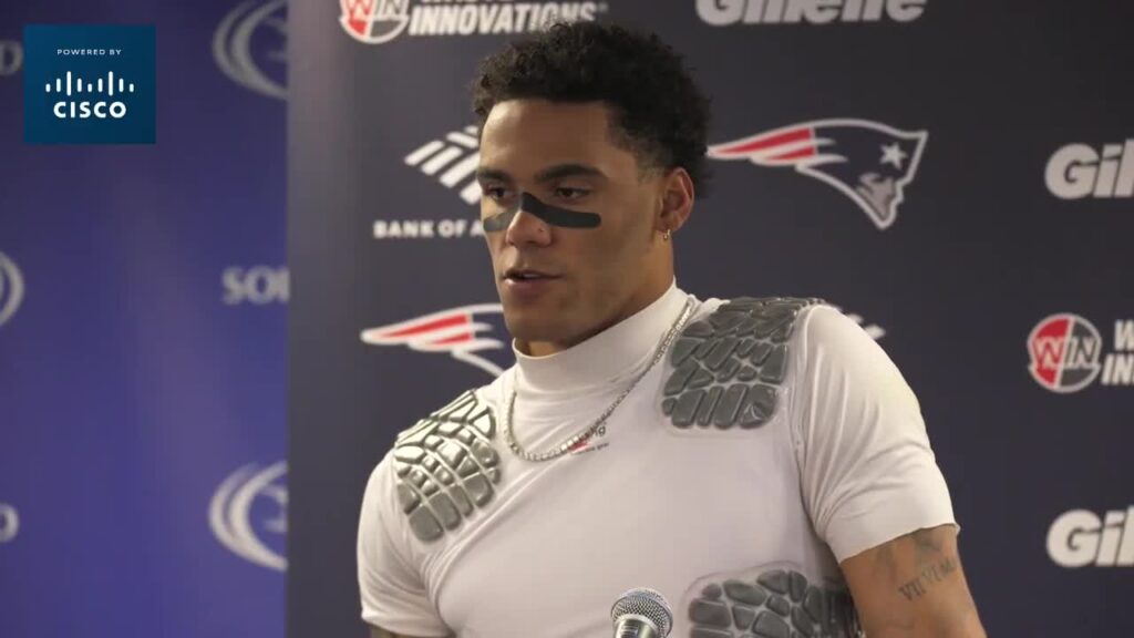 Christian Gonzalez speaks to reporters after the Patriots lost to the Bears on October 22, 2026
