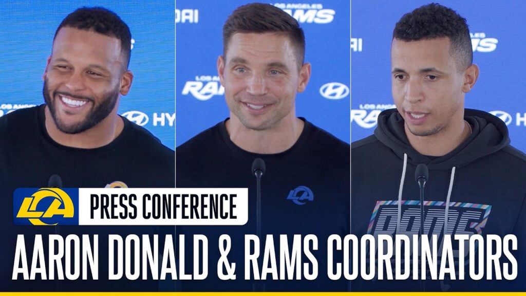 Aaron Donald, Nate Scheelhaase and Chris Shula at Los Angeles Rams press conferences, October 22, 2026