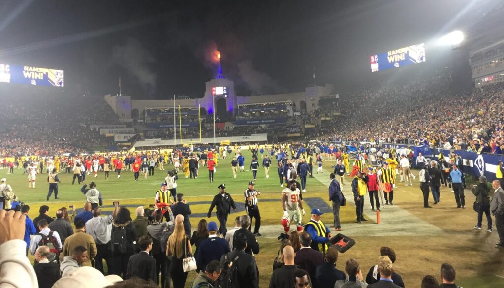 Los Angeles Memorial Coliseum crowd and field after the Rams beat the Chiefs 54-51 on November 19, 2018