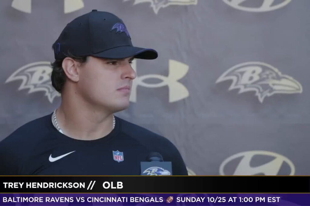 Trey Hendrickson speaks to reporters at Ravens practice on October 22, 2026