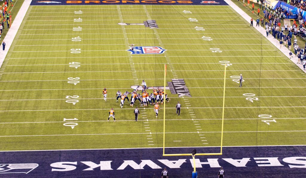 Seattle Seahawks kicking a field goal against the Denver Broncos in Super Bowl XLVIII