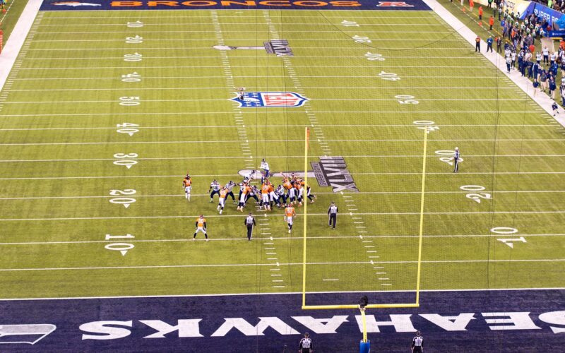 Seattle Seahawks kicking a field goal against the Denver Broncos in Super Bowl XLVIII