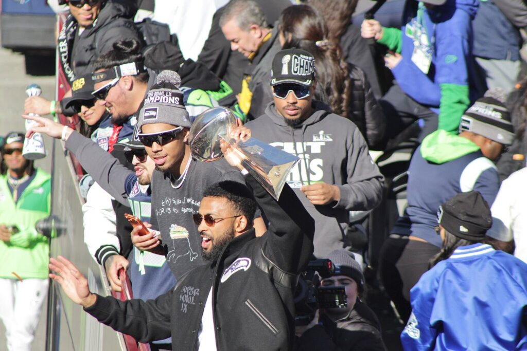 Seahawks players with the Lombardi Trophy at the Super Bowl LX victory parade