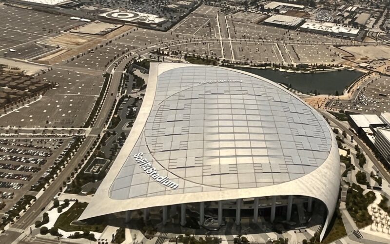 Aerial view of SoFi Stadium in Inglewood, California, in July 2022