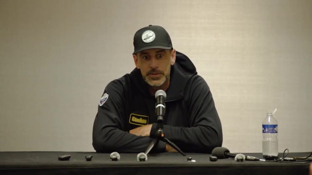 Aaron Rodgers speaks at a Steelers news conference in Paris on October 23, 2026