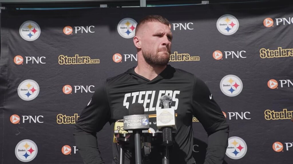Steelers linebacker T.J. Watt speaks at a news conference before the Browns game
