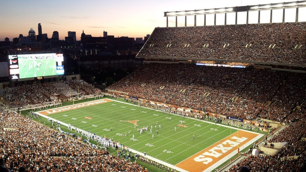 Darrell K Royal-Texas Memorial Stadium in Austin lit up for a night game