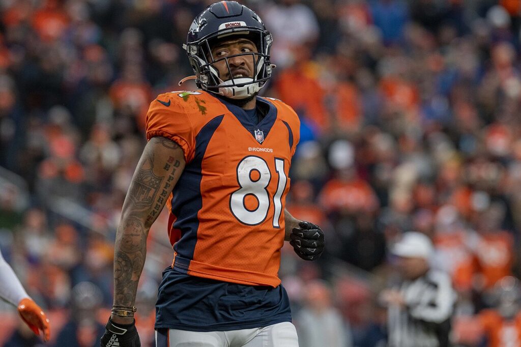 Tim Patrick wearing a Denver Broncos number 81 jersey during an October 2021 game against Washington.