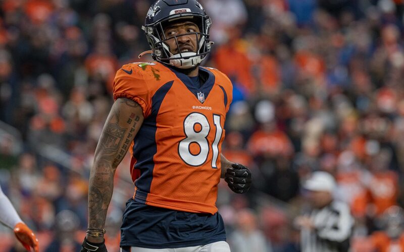 Tim Patrick wearing a Denver Broncos number 81 jersey during an October 2021 game against Washington.