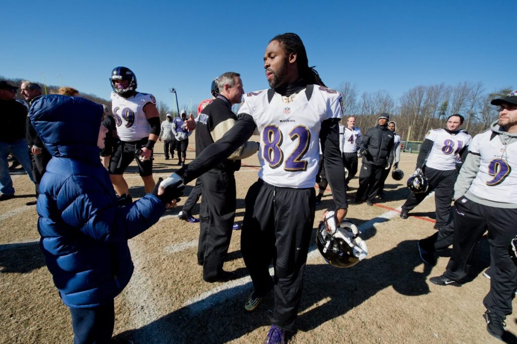 Baltimore Ravens wide receiver Torrey Smith, No. 82, at a team practice