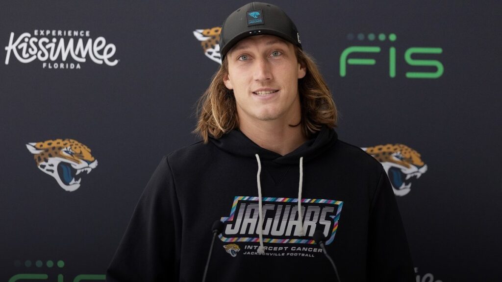 Trevor Lawrence speaks at a Jaguars press conference in London on October 14, 2026
