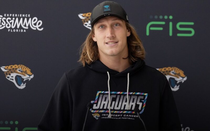 Trevor Lawrence speaks at a Jaguars press conference in London on October 14, 2026