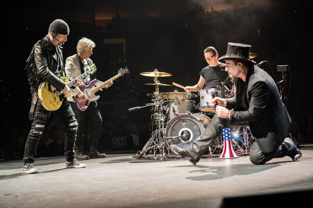 U2 performing on the B-stage during the Experience + Innocence Tour in Tulsa in 2018