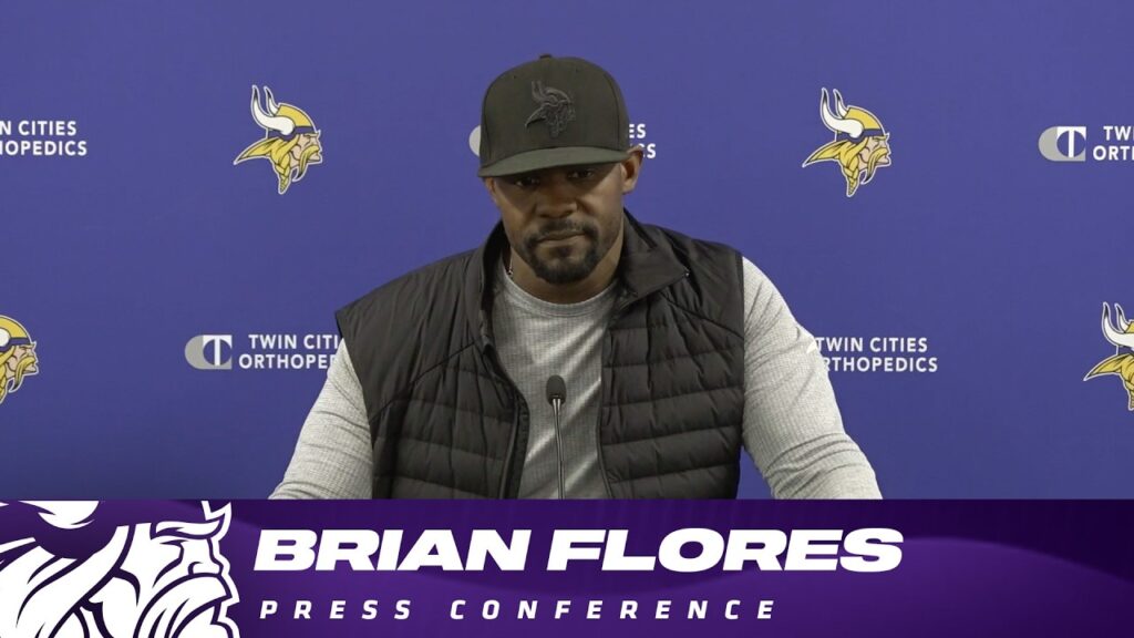 Brian Flores press conference graphic, Minnesota Vikings, October 20, 2026