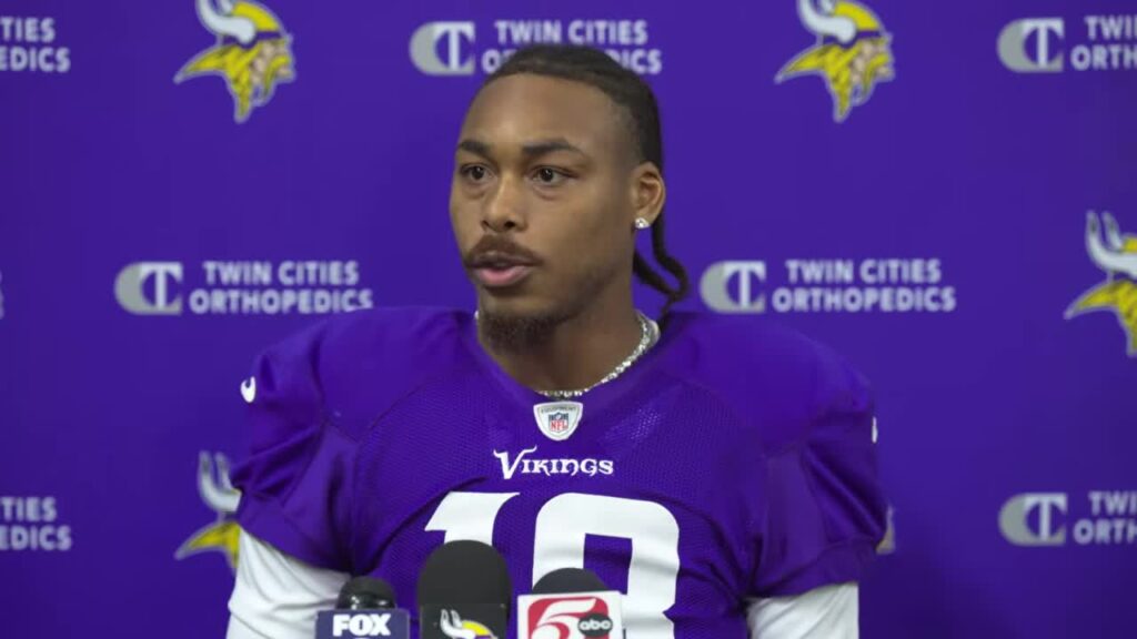 Vikings wide receiver Justin Jefferson speaks at a press conference before the Lions game