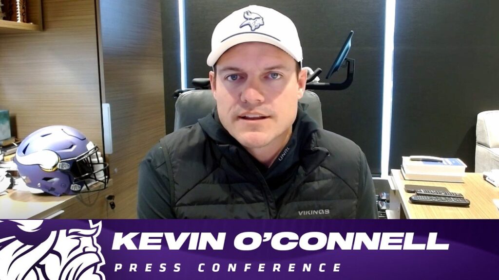 Minnesota Vikings head coach Kevin O'Connell speaking at a press conference, October 26, 2026