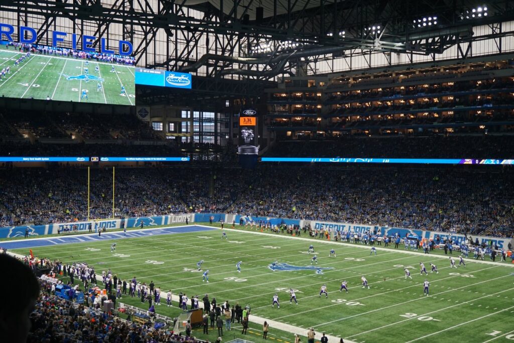 The Vikings and Lions line up for the opening kickoff at Ford Field in Detroit